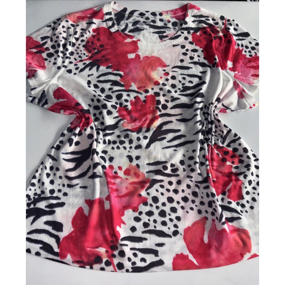 Chicos Womens pink abstract floral and animal print tee About XL